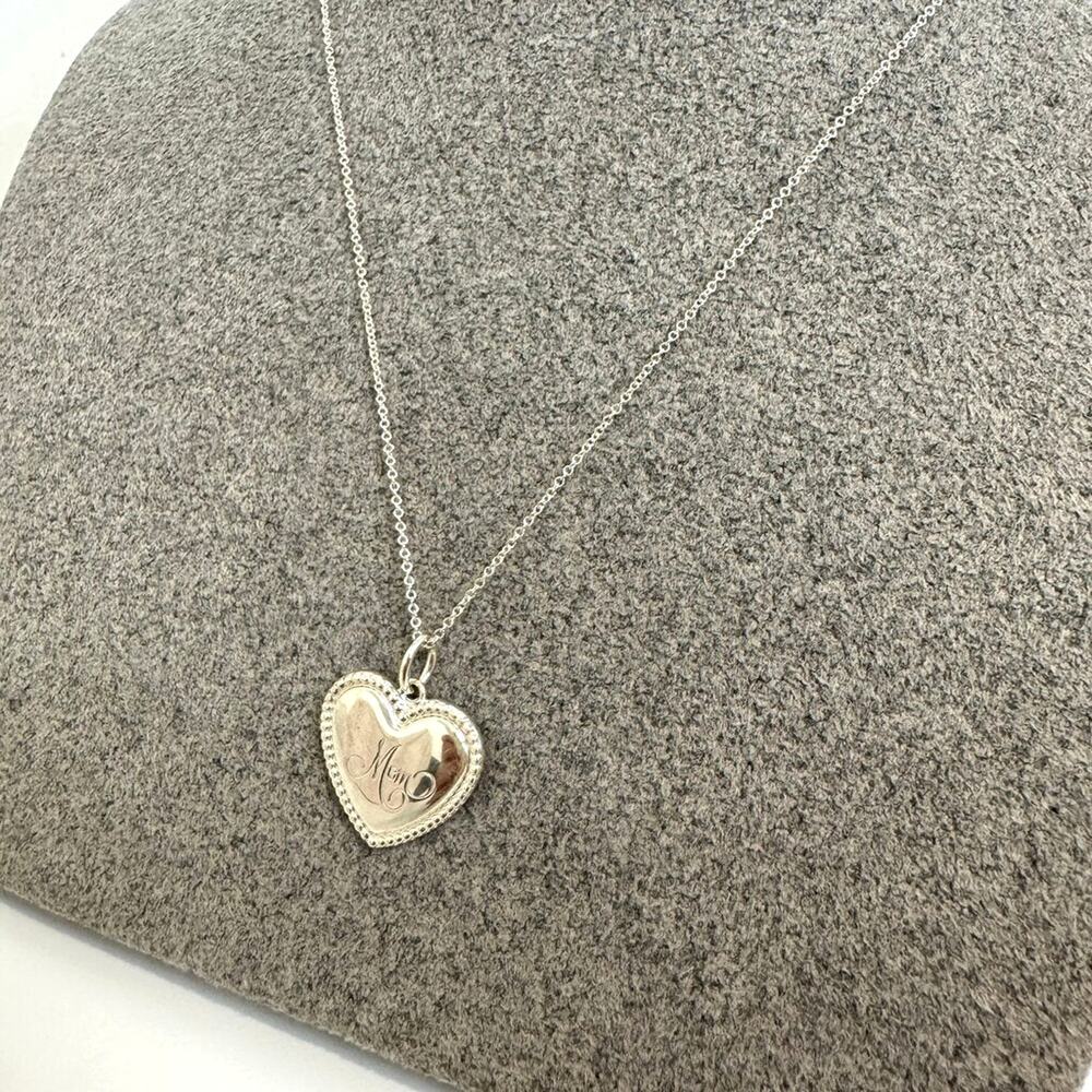 TIFFANY & CO. Sterling Silver "Mom" Engraved Heart Pendant Necklace Charm 925